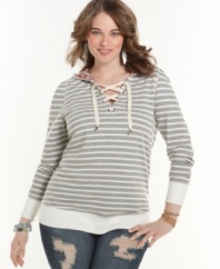 Score super-cute lounge wear with American Rag's long sleeve plus size hoodie, accented by a lace up neckline.