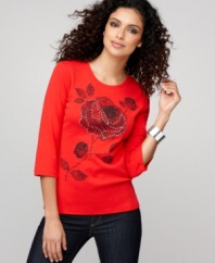 Style&co. Sport adds a bit of sparkle to this rose-printed, three-quarter sleeve tee by studding the petals with rhinestones.