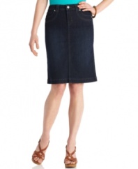 Style&co.'s petite denim skirt goes dark with a rich blue wash. The tummy control panel ensures a smooth, lean silhouette! (Clearance)