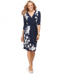 A petite faux-wrap silhouette is enlivened by graphic florals from Charter Club. The tie belt and surplice neckline flatters like crazy, too!