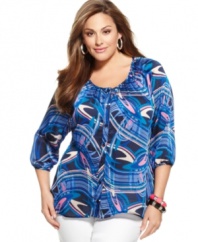 Renew your neutral bottoms with the vibrant feel of NY Collection's three-quarter sleeve plus size peasant top.