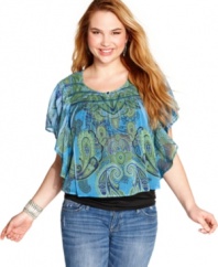 Look lovely when you wear One World's plus size top, featuring a global-glam print on sheer flowing fabric!