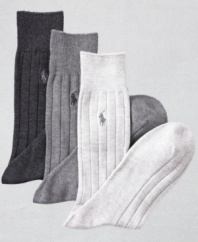 Solid cotton ribbed slack-length socks with polo player embroidered logo. 3 pairs to a pack.