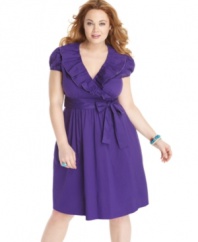 Score a super-sweet look for your special event with Ruby Rox's short sleeve plus size dress, featuring a ruffled faux wrap design.