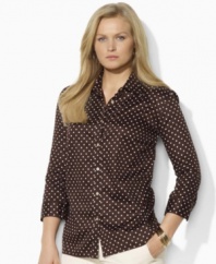 Classic menswear styling is reimagined in this plus size shirt, finished with chic three-quarter-length sleeves from Lauren by Ralph Lauren.