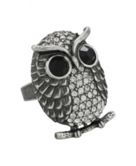You would be wise to snap up the latest animal ring trend from City by City. Owl rings are all the rage amongst celebrities and fashionistas alike, and this sparkling style is no exception. Crafted from antique silver tone mixed metal, jet crystal eyes and a clear crystal body lend this ring an unforgettable look. Sizes 5, 6, 7, 8 and 9.