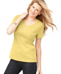 Karen Scott's petite henley has a casual fit that pairs well with your favorite jeans. The decorative buttons give the top just a little panache!