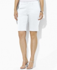 Designed for a flattering, slimming fit from lustrous stretch cotton sateen, these chic plus size Bermuda shorts from Lauren by Ralph Lauren are the epitome of timeless, preppy style.