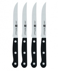 Hand-honed from ice-hardened, full carbon stainless steel, these knives cut through the thickest steak with incredible ease. Set of four knives. Stainless steel pictured on left and triple-riveted pictured on right. Carries the Henckels lifetime warranty.