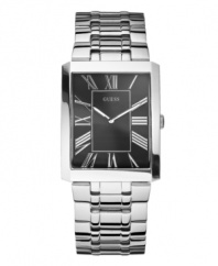 Confident and charming. Make a strong impression with this dress watch by GUESS. Stainless steel bracelet and rectangular case. Black dial features applied silver tone Roman numerals, two hands and logo. Quartz movement. Water resistant to 50 meters. Ten-year limited warranty.