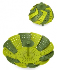 What a spread! The folding Lotus design of this one-size-fits-all steamer adjusts to fit any size pot and retracts into a compact size for easy storage. Completely non-scratch, the steamer features two bottom feet that never touch the pot and a heat-resistant silicone handle that is always cool to the touch for easy removal.