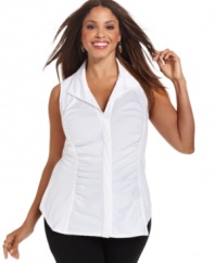 Featuring a ruched front, Alfani's sleeveless plus size shirt is a flattering addition to your day-to-play wardrobe.