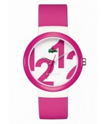 Pretty in pink. Unisex Goa watch by Lacoste crafted of pink silicone strap and round plastic case with pink bezel. White dial features oversized pink 1212 print, iconic crocodile logo at twelve o'clock, cut-out hour and minute hands, and red second hand. Quartz movement. Water resistant to 30 meters. Two-year limited warranty.
