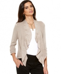 Add a little fancy to any casual wardrobe with this asymmetrical, ribbed petite cardigan from Alfani. Complete with a ruffled front and flowing design that's perfect for spring.