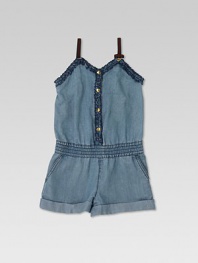 A bleached denim one-piece is given a pretty update with ruffled trim, signature web straps, bow and GG heart detail.Sweetheart necklineSleevelessFront snapsElastic waistbandCuffed hemSilk liningLyocellDry cleanMade in Italy Please note: Number of snaps may vary depending on size ordered. 
