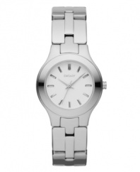 A tiny timepiece with big style. Watch by DKNY crafted of polished stainless steel bracelet and round case. Matte silver tone dial features stick indices, three hands and logo. Quartz movement. Water resistant to 50 meters. Two-year limited warranty.
