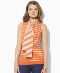 Rendered in soft jersey-knit cotton with a hint of stretch, this petite V-neck top from Lauren by Ralph Lauren embodies nautical spirit with sleek stripes and a cozy attached scarf. (Clearance)