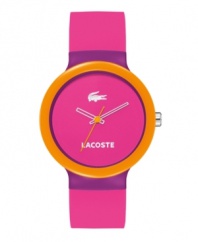 Get hypnotized by the bright neon lights of Lacoste. Unisex Goa watch crafted of pink with purple detail silicone strap and round purple plastic case with orange bezel. Pink dial features white iconic crocodile logo at twelve o'clock, white text logo at six o'clock, white cut-out hour and minute hand and orange second hand. Quartz movement. Water resistant to 30 meters. Two-year limited warranty.