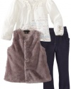 Calvin Klein Baby-girls Infant Fur Vest with Long Sleeve Tee And Pant, Assorted, 24 Months