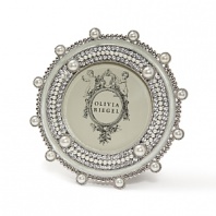 This beautifully detailed frame combines white enameling, faux pearls and clear pavé Swarovski crystals.