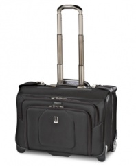 Your answer for clothes encounters! Pack up a trip's worth of your wardrobe and arrive fashionably fresh with the smart removable suiter system of this rolling garment bag. With extra-wide hold-down straps, this bag sorts and organizes all of your clothes essentials and makes it easy to get from here to there with go-everywhere easy-glide wheels. Lifetime warranty.
