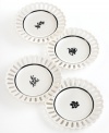 Elegance is easy with Geneva appetizer plates. A pretty pierced edge and black floral patterns with an antique feel revive modern tables in glossy white porcelain from Martha Stewart Collection.