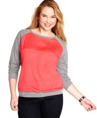 Dress up your casual look with L8ter's three-quarter sleeve plus size top, featuring a chiffon front.