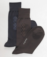 A subtle touch of argyle lends preppy polish to these luxuriously smooth socks from Perry Ellis.