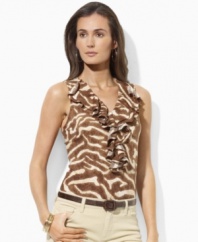 Cascading ruffles and an exotic zebra print imbue worldly glamour to this petite elegant Lauren by Ralph Lauren top, crafted from airy cotton jersey for a comfortable, flattering fit.