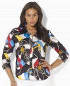Awash in a vibrant nautical flag print, Lauren by Ralph Lauren's classic tailored plus size shirt is crafted from silky cotton broadcloth with three-quarter sleeves for breezy style.