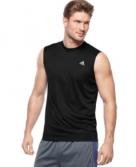 Get gym-ready in an instant. This sleeveless tee from adidas is the right way to stock your locker.