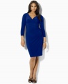 Shirring at one side creates a sleek, flattering silhouette on this Lauren by Ralph Lauren plus size dress that's rendered in smooth matte jersey for a look of smart sophistication.