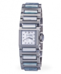 A reflection of you. Clear crystals sparkle on this elegant Dresstime watch by Swarovski. Stainless steel bracelet with 12 crystals and square case. Silver tone sunray dial features crystal accents at markers, logo at twelve o'clock and two silver tone hands. Swiss quartz movement. Water resistant to 30 meters. Two-year limited warranty.