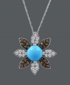 Freshen your look with a touch of floral. Carlo Viani's resplendent pendant highlights a round-cut turquoise center (3-5/8 mm) with petals covered in round-cut white sapphire (1/2 ct. t.w.) and smokey quartz (3/8 ct. t.w.). Crafted in 14k white gold. Approximate length: 18 inches. Approximate drop: 1 inch.