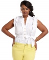 Land ultra-sweet style with Baby Phat's sleeveless plus size blouse, beautifully accented by ruffles.