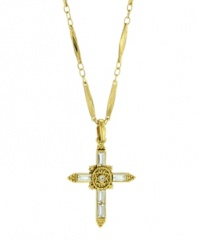 Express your beliefs with breathtaking, religious-inspired design. Vatican pendant features a luminous crystal cross and gold tone mixed metal setting. Approximate length: 18 inches. Approximate drop: 1-1/2 inches.