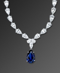 Layer your neckline with elegant design and eye-popping color. This glittering necklace by CRISLU features multiple clear cubic zirconias (50-1/2 ct. t.w.) accented by a bold sapphire-colored cubic zirconia teardrop. Necklace crafted in platinum over sterling silver. Approximate length: 16 inches. Approximate drop: 1 inch.