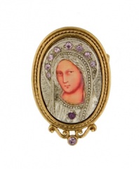 An iconic way to express your faith. Vatican pin features a beautiful likeness of the Virgin Mary. Crafted in silver tone and gold tone mixed metal with violet and purple crystal accents. Approximate length: 2-1/2 inches.