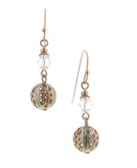Let your exotic tastes shine. These unique drop earrings by 2028 feature a crystal filigree drops crafted in rose gold tone mixed metal. Approximate drop: 1-1/2 inches.
