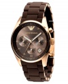 Beat the blues with this warm-hued watch by Emporio Armani. Brown silicone-wrapped gold tone stainless steel bracelet and round case. Brown chronograph dial with gold tone numerals, logo, date window and three subdials. Quartz movement. Water resistant to 50 meters. Two-year limited warranty.