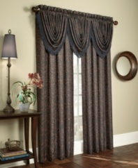 Refine your dining room or master suite with the Danbury waterfall valance. A two-tone jacquard pattern with coordinating trim complements formal settings with regal, old-world elegance. Lined and light-filtering to dim the room for added drama.
