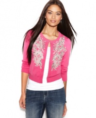 This cropped cardigan by INC is a ton of trend in one petite silhouette. The bold hue hits the mark for spring while a flourish of embroidery and sequins gives it super shine.