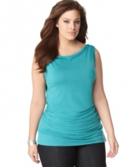 A draped neckline and ruching lend elegant finishes to Tahari Woman's sleeveless plus size top-- layer it with jackets and cardigans. (Clearance)