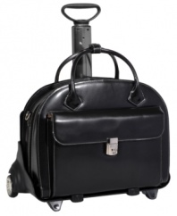 Protect your most precious tech investments with this fashion-forward, Italian leather rolling tote. The choice is yours - maximize travel options by either rolling with the patented wheel and handle system or remove it to carry with more maneuverability. A high-density removable laptop sleeve protects your computer from the bumps and bruises of regular travel, while the main compartment with file divider and front organizer help transport all your accessories. Limited lifetime warranty.