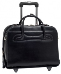 Get ahead with this fashion-forward business case from McKlein. It'll keep you on the cutting edge with a built-in laptop compartment and dual protection system that pads your precious tech from even the roughest bumps, plus a patented detachable wheel and handle system that offer the most versatile mobility options around. One-year warranty.