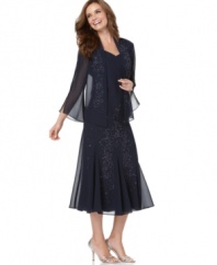 This dress from R&M Richards' collection of petite apparel is captivating in action-the sheer flares in the skirt and the bell sleeves move gracefully, whether you're savoring a slow dance or just mingling with guests.