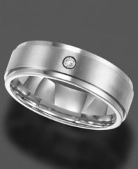 A round-cut diamond accent makes a spectacular solo performance on this classic titanium ring by Triton. With a step down edge, this 7 millimeter band features a smooth and comfortable fit. Sizes 8-15.
