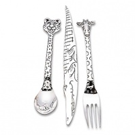 The safari adventure comes to life at meal time with the Silver Safari 3-Piece Child Set. This silverplate flatware set includes a giraffe fork, cheetah spoon and alligator knife.