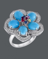 Add flourish with a touch of floral. Carlo Viani's exquisite flower ring features bright blue petals decorated with oval and round-cut turquoise (4-9/10 mm). Multicolored amethyst (2-3/4 ct. t.w.) adds a vibrant touch at the center, and white sapphires (1/3 ct. t.w.) outline the edges. Ring crafted in 14k white gold.