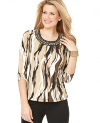 JM Collection elevates this petite printed top with a chic beaded trim at the neckline.